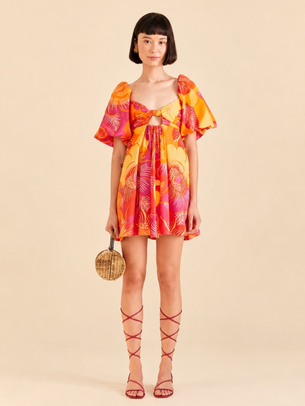 NWT FARM Rio Summer Garden Ombre Mini Dress Pink Orange Puff Sleeve S